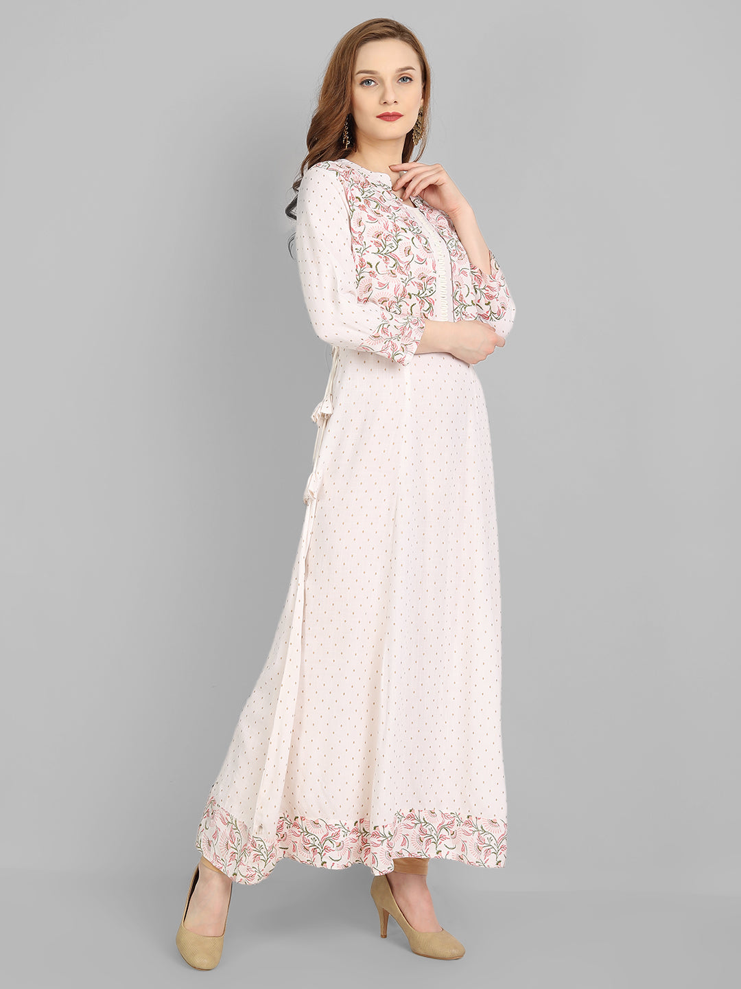 Off  White Rayon Printed Flared Dress