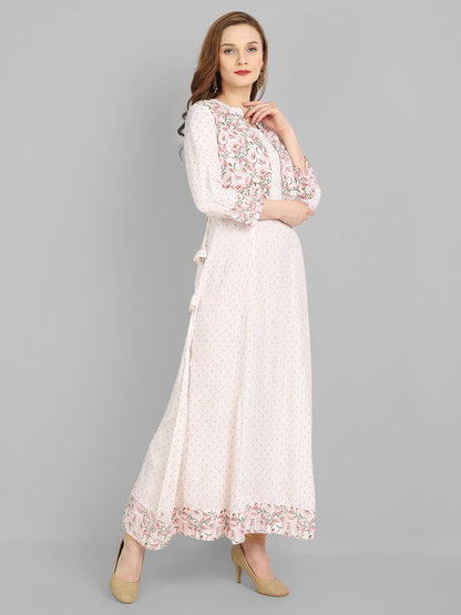Off  White Rayon Printed Flared Dress