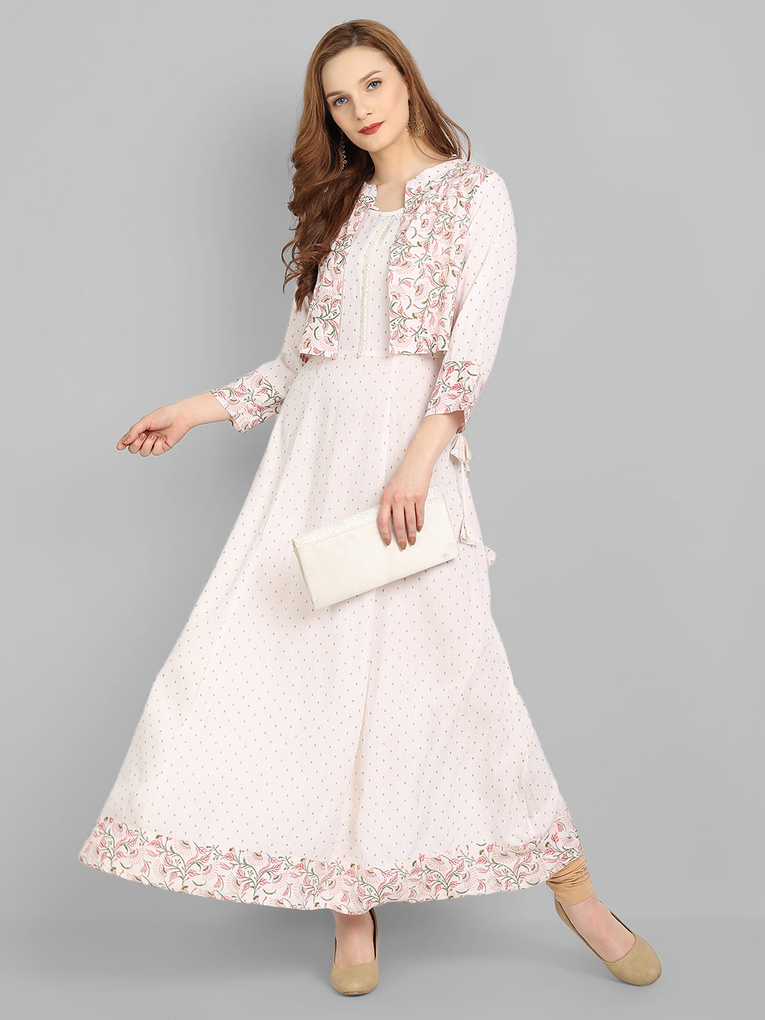 Off  White Rayon Printed Flared Dress