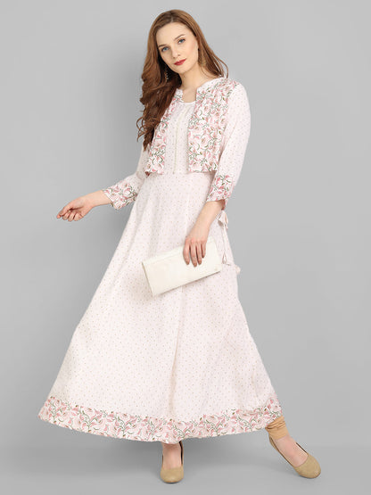 Off  White Rayon Printed Flared Dress