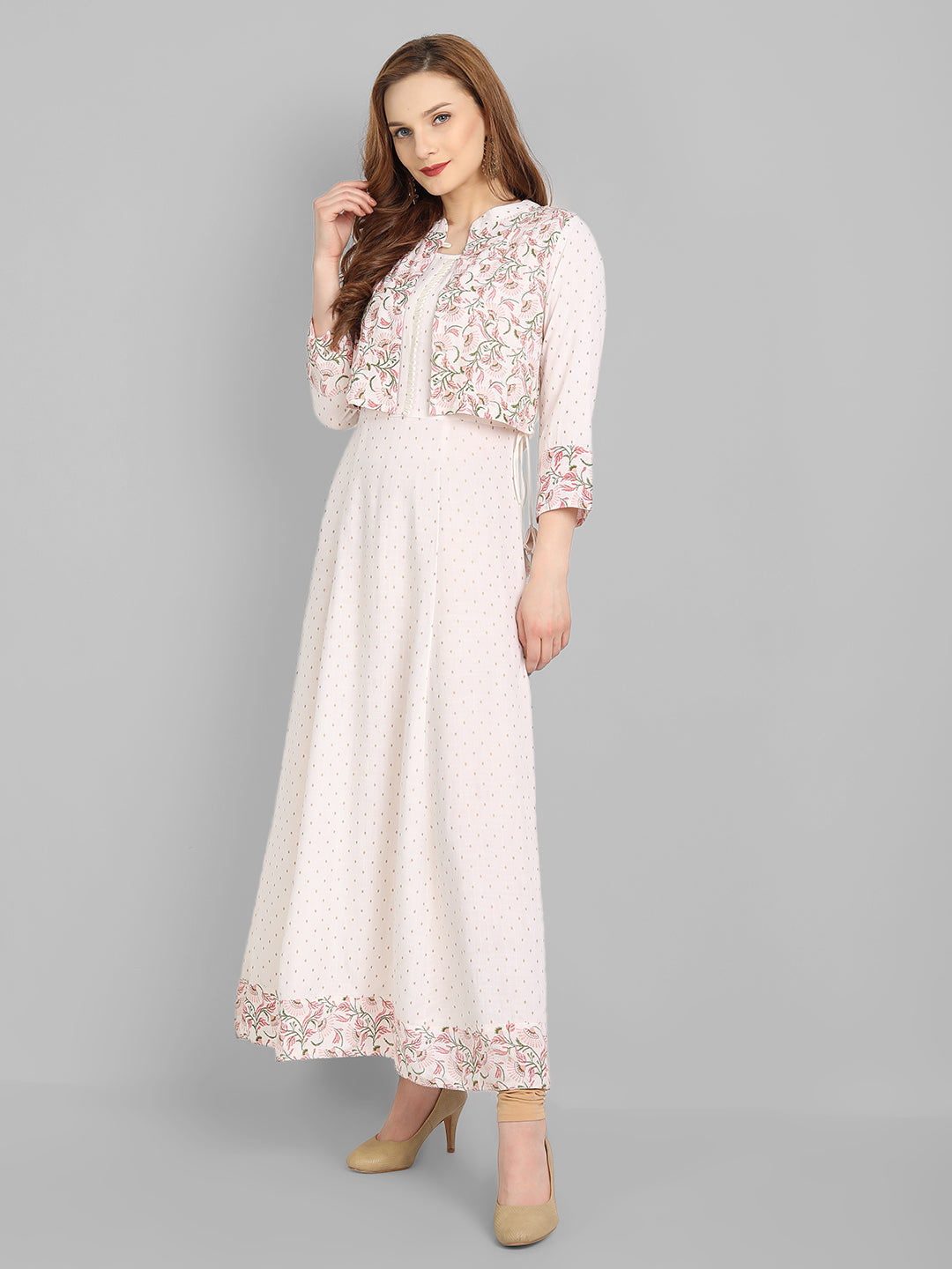 Off  White Rayon Printed Flared Dress