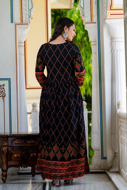 Black Rayon Printed Flared Dress