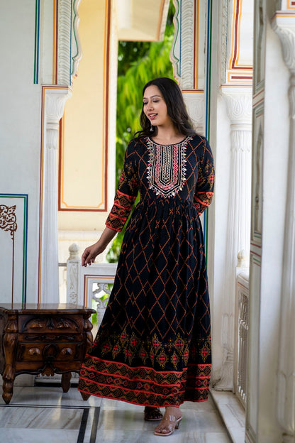 Black Rayon Printed Flared Dress