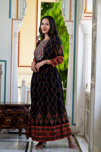 Black Rayon Printed Flared Dress