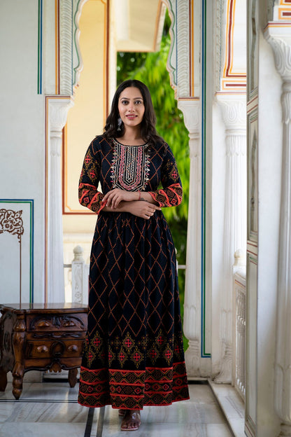 Black Rayon Printed Flared Dress