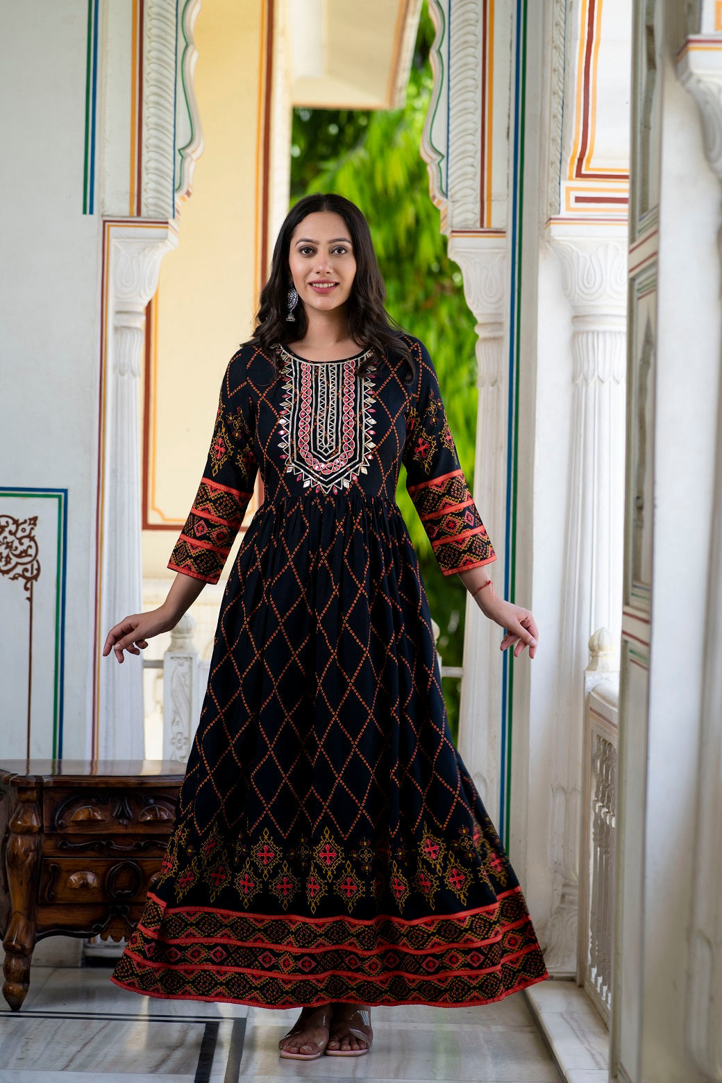 Black Rayon Printed Flared Dress