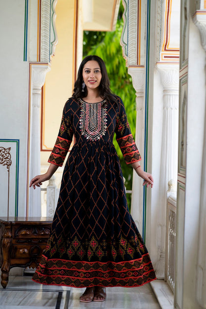 Black Rayon Printed Flared Dress