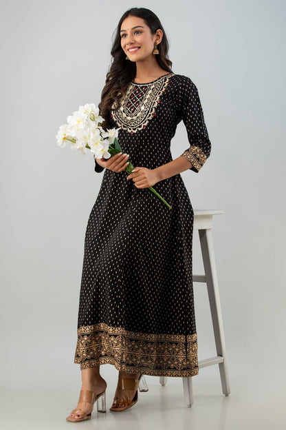 Black Rayon Printed Flared Dress