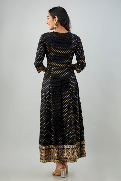 Black Rayon Printed Flared Dress