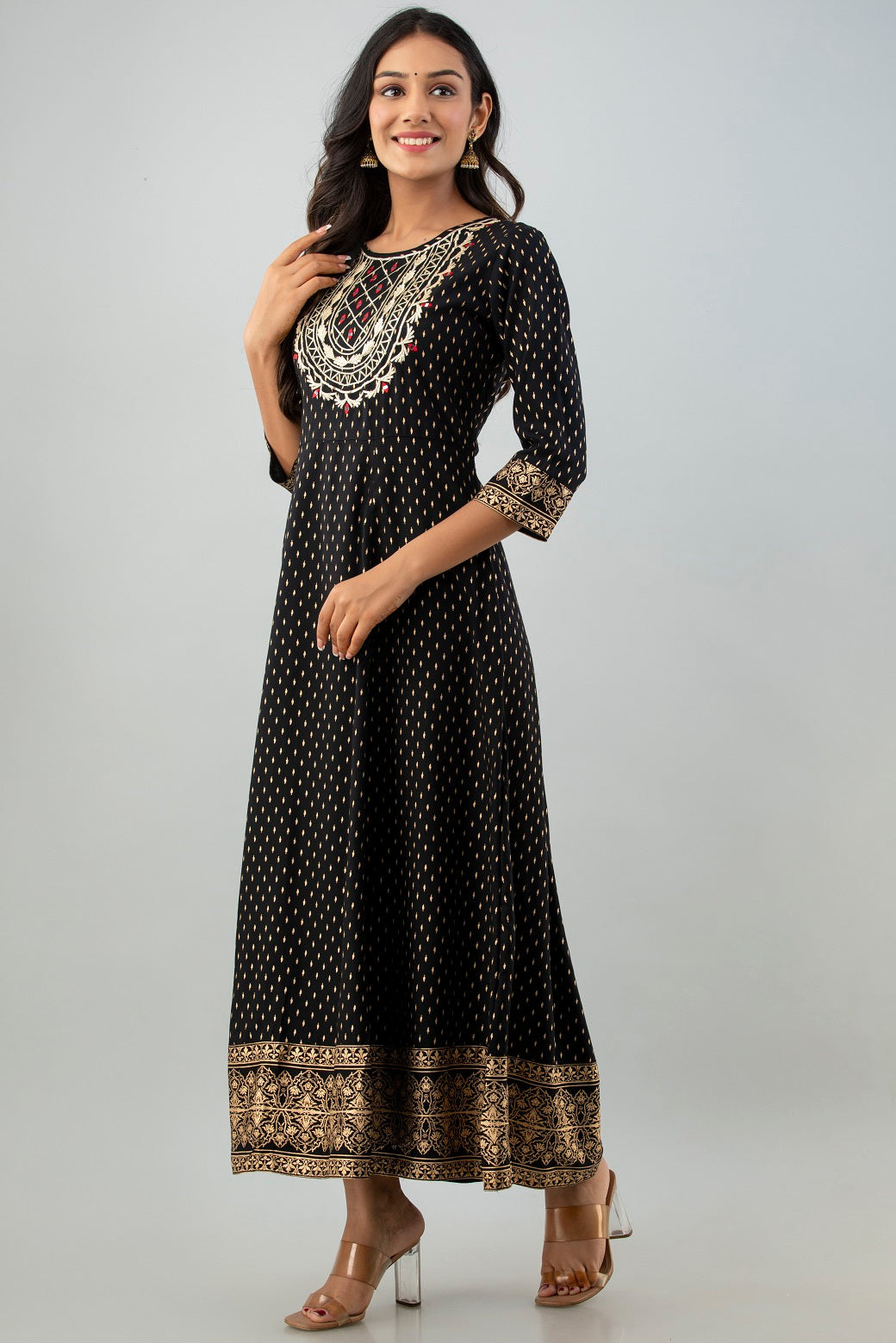 Black Rayon Printed Flared Dress