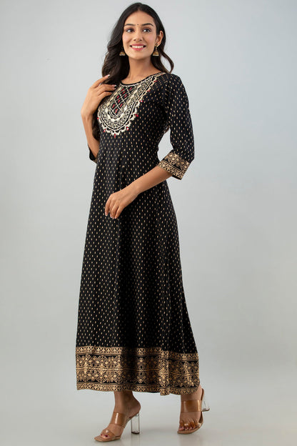 Black Rayon Printed Flared Dress