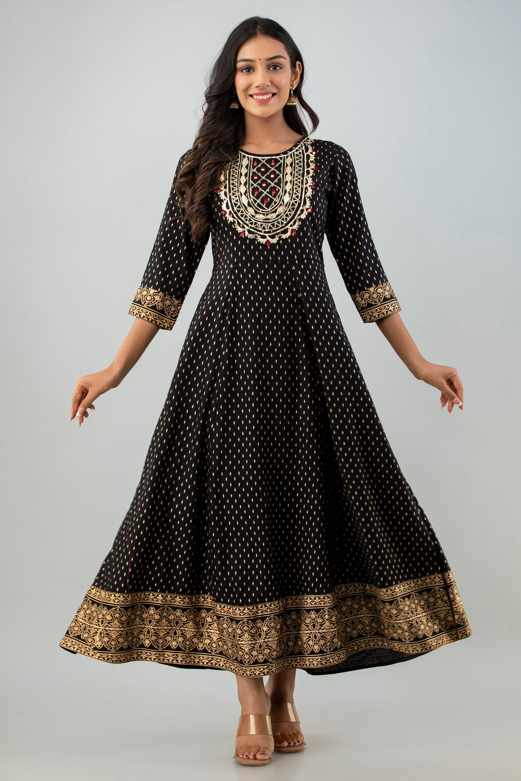 Black Rayon Printed Flared Dress