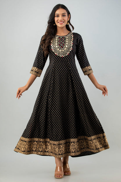 Black Rayon Printed Flared Dress