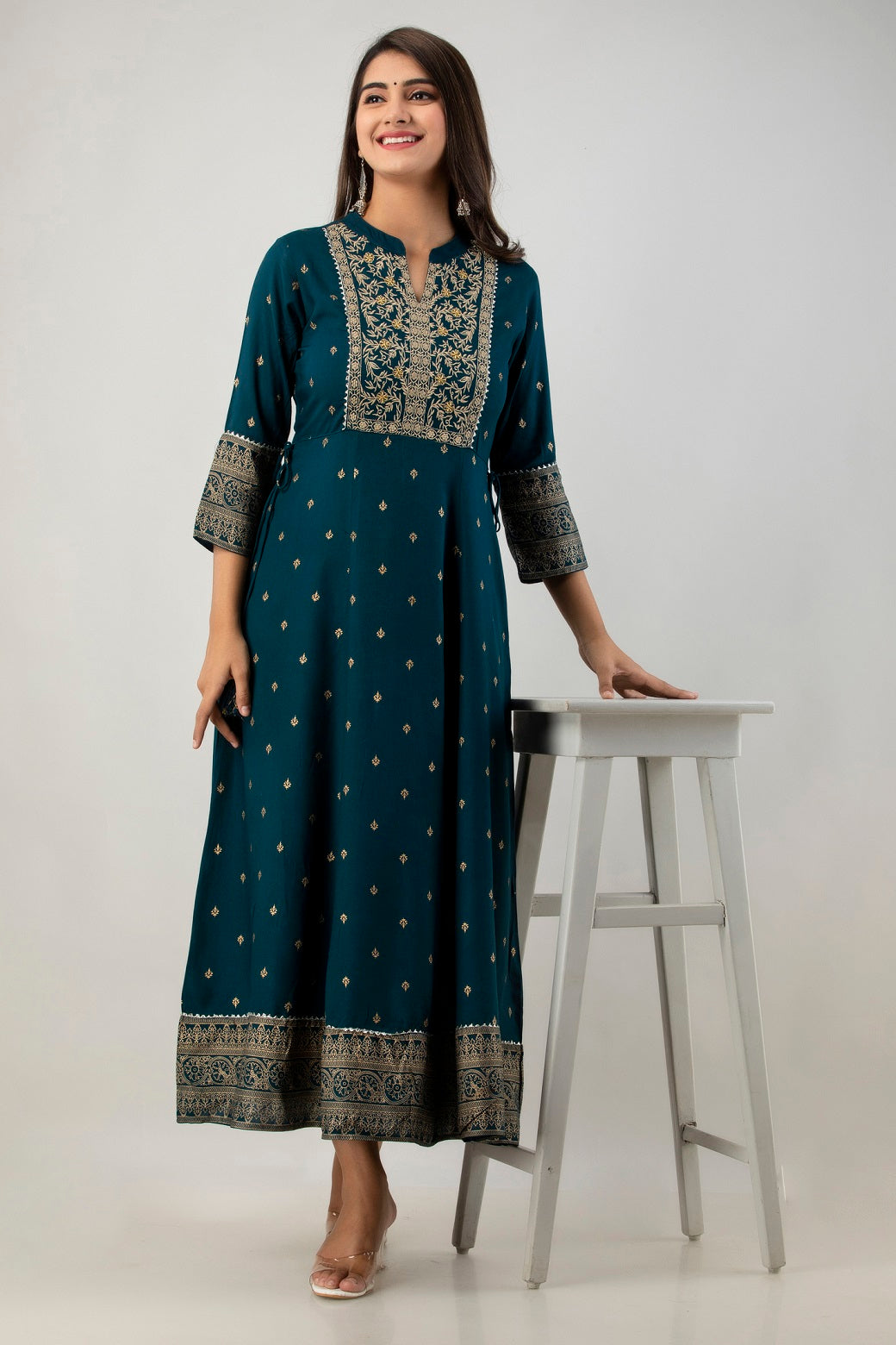 Teal Rayon Printed Flared Dress