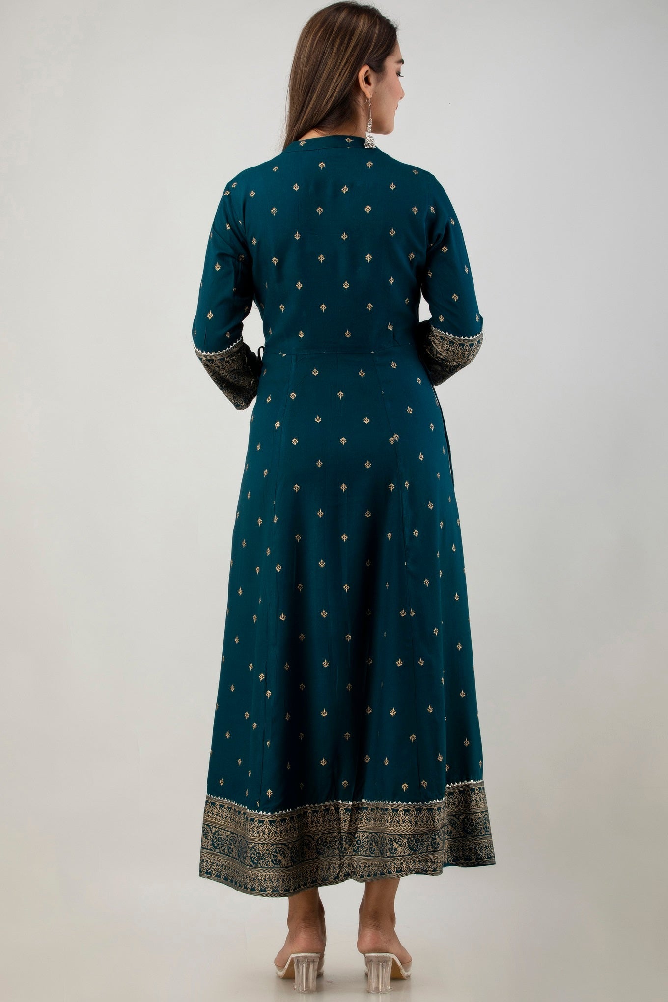 Teal Rayon Printed Flared Dress