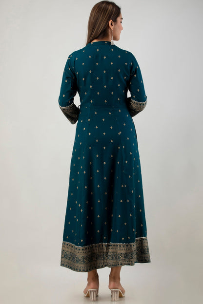 Teal Rayon Printed Flared Dress