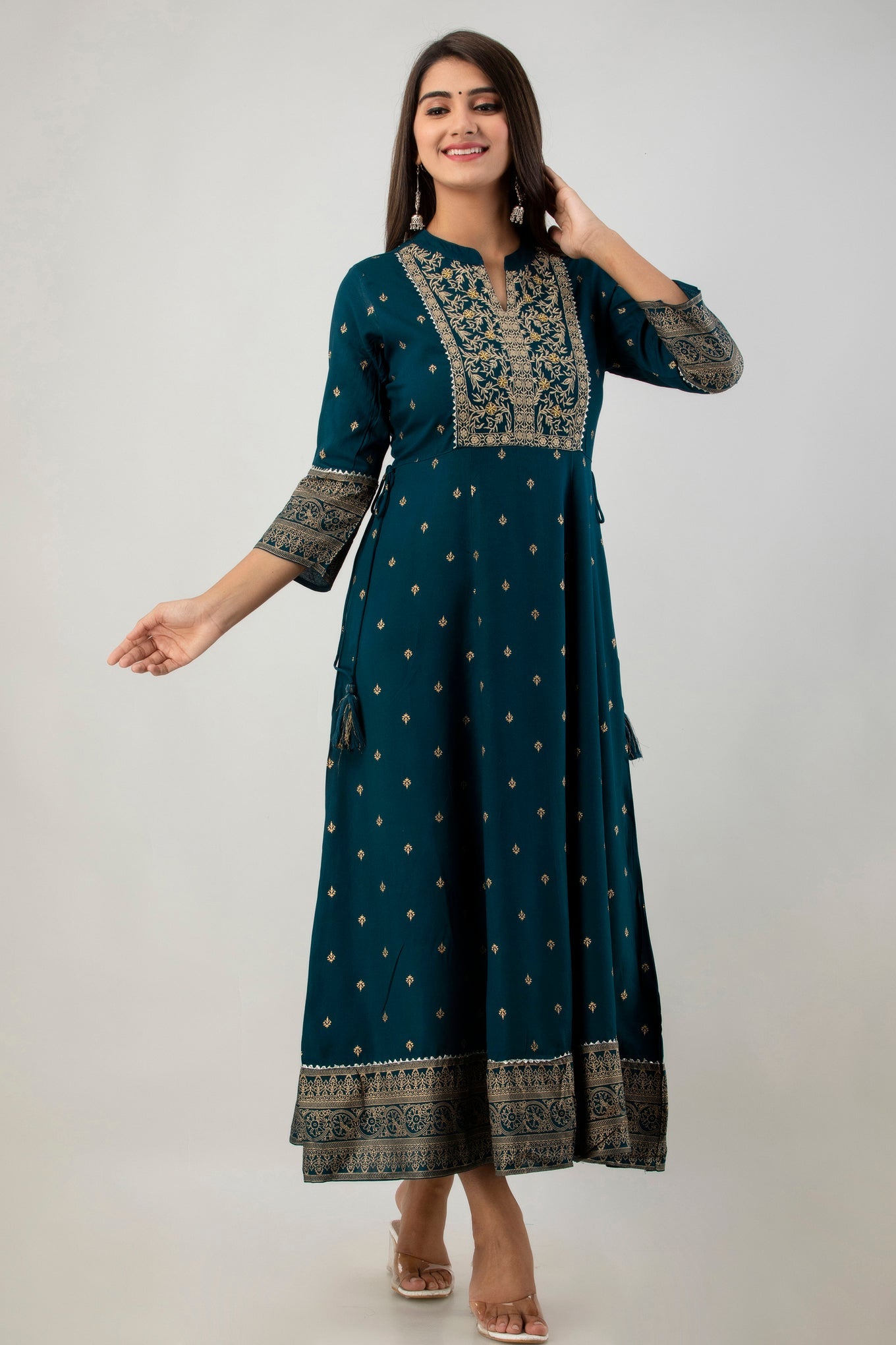 Teal Rayon Printed Flared Dress