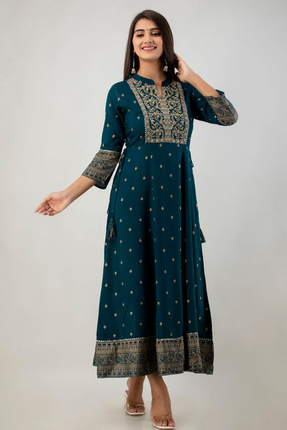 Teal Rayon Printed Flared Dress