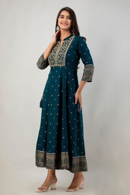 Teal Rayon Printed Flared Dress