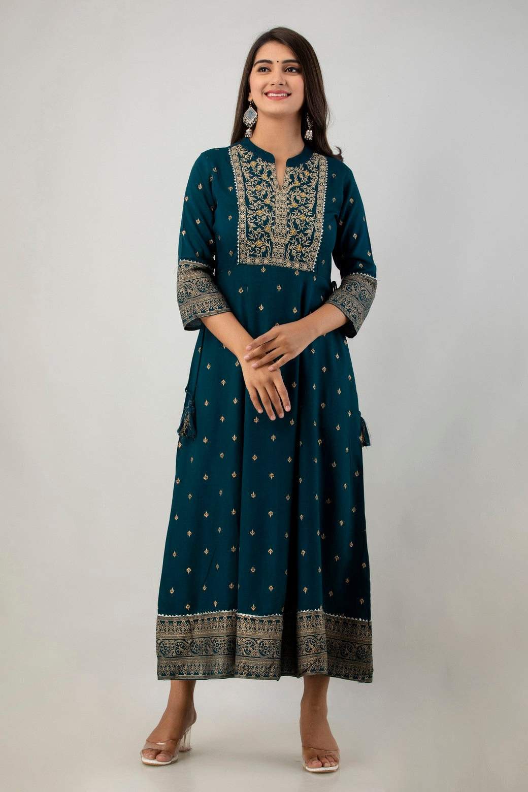 Teal Rayon Printed Flared Dress