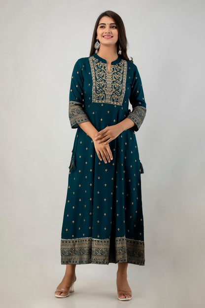 Teal Rayon Printed Flared Dress