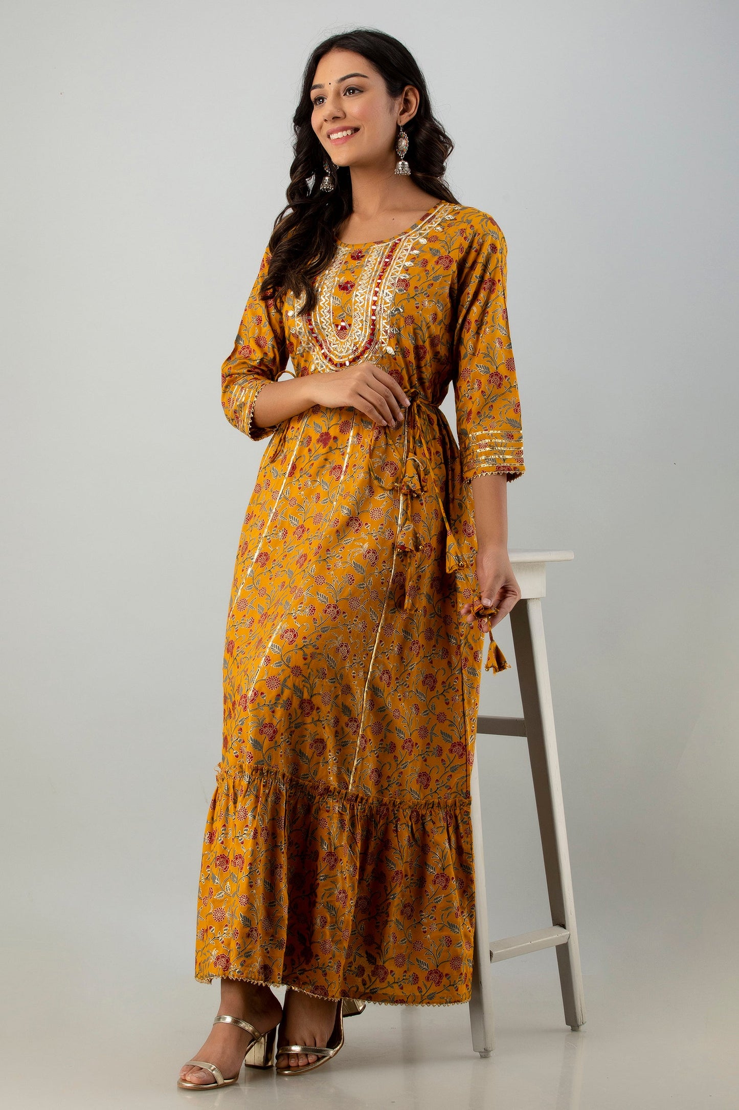 Mustard Rayon Printed Flared Dress