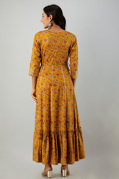Mustard Rayon Printed Flared Dress