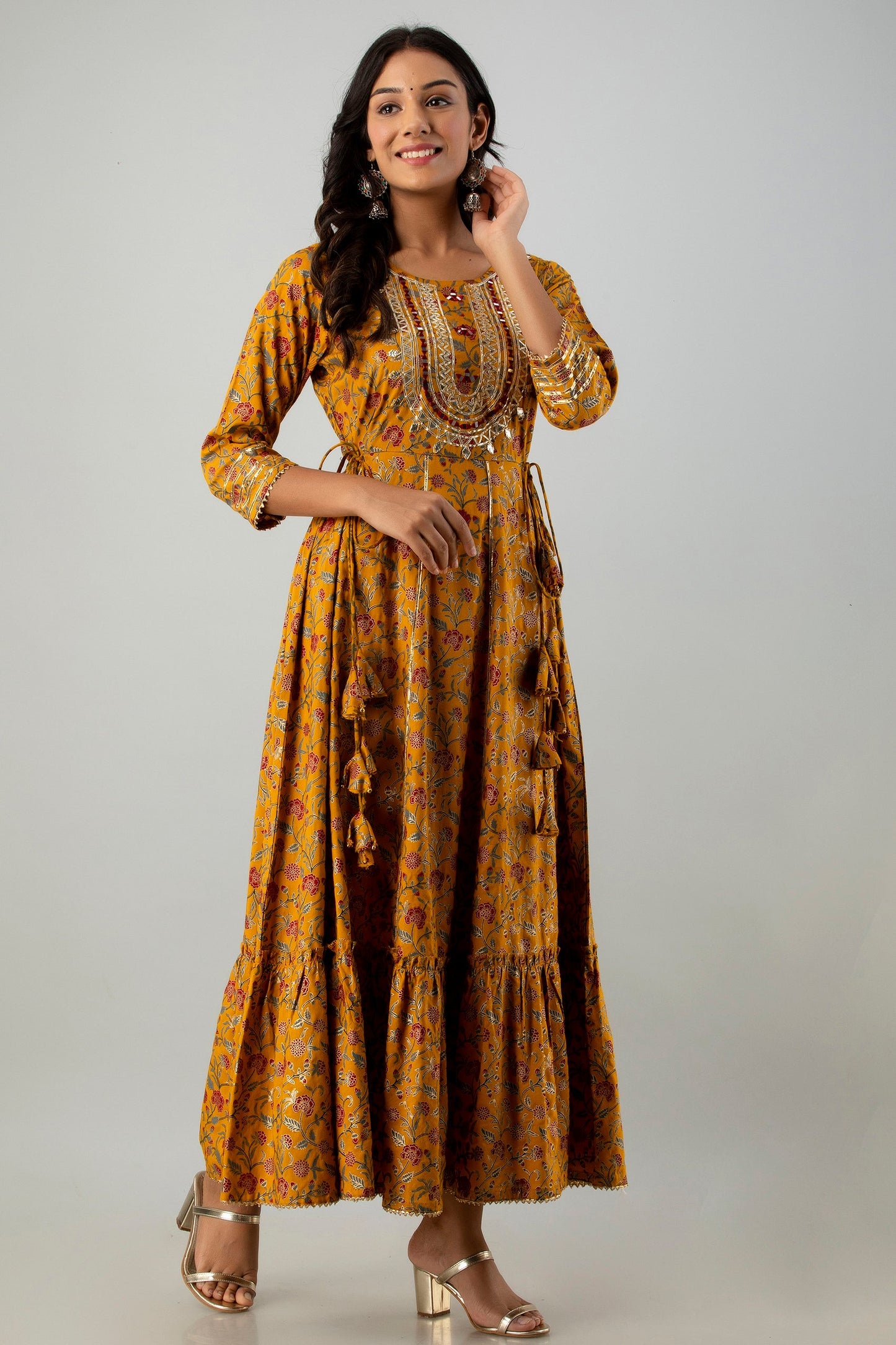 Mustard Rayon Printed Flared Dress