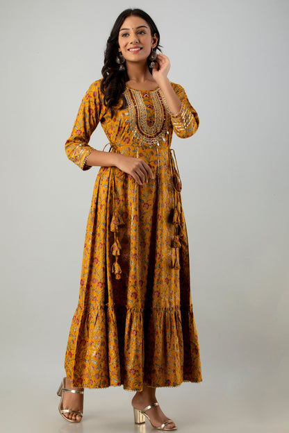 Mustard Rayon Printed Flared Dress