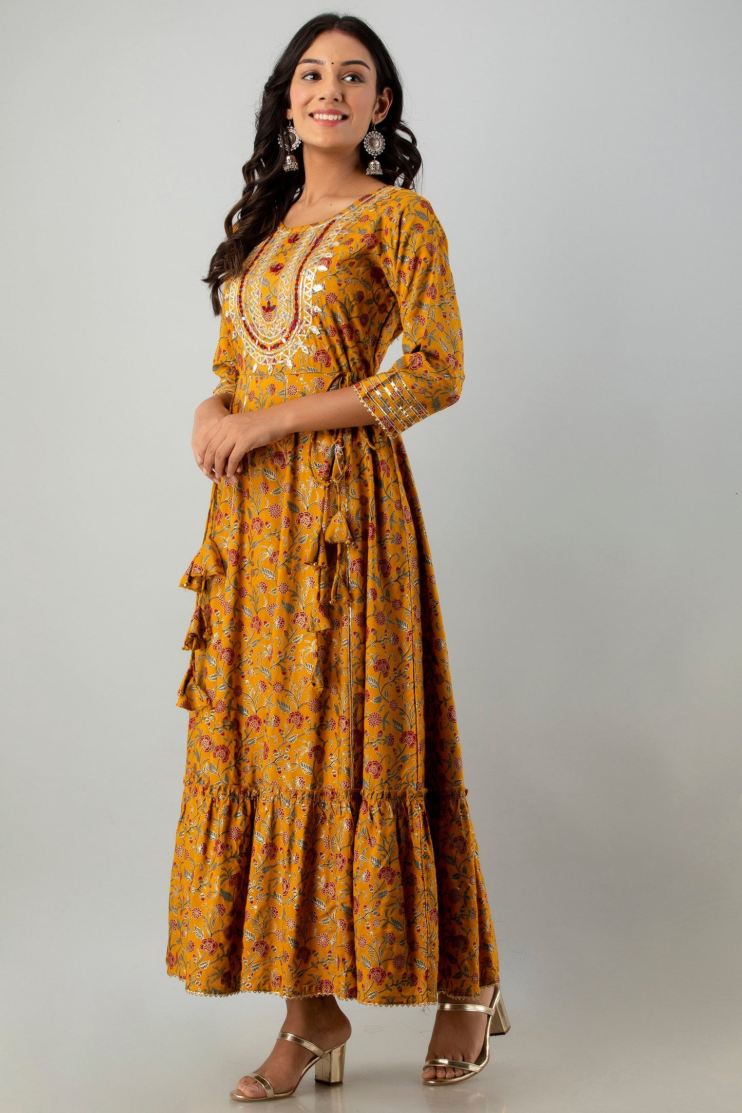 Mustard Rayon Printed Flared Dress