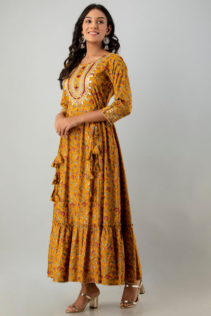 Mustard Rayon Printed Flared Dress