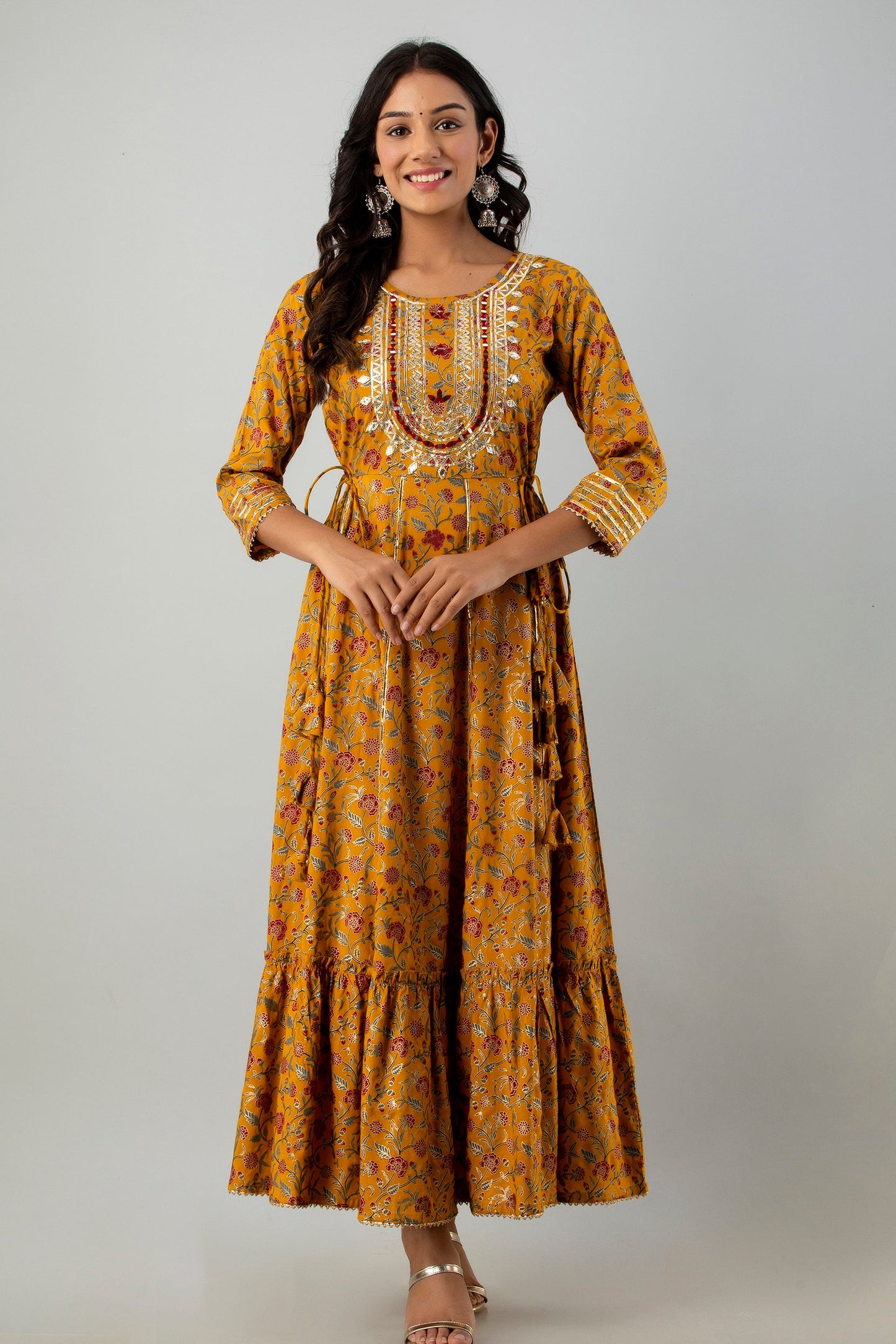 Mustard Rayon Printed Flared Dress