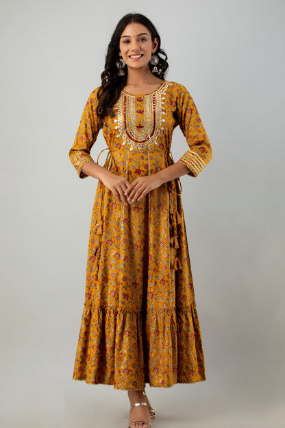 Mustard Rayon Printed Flared Dress