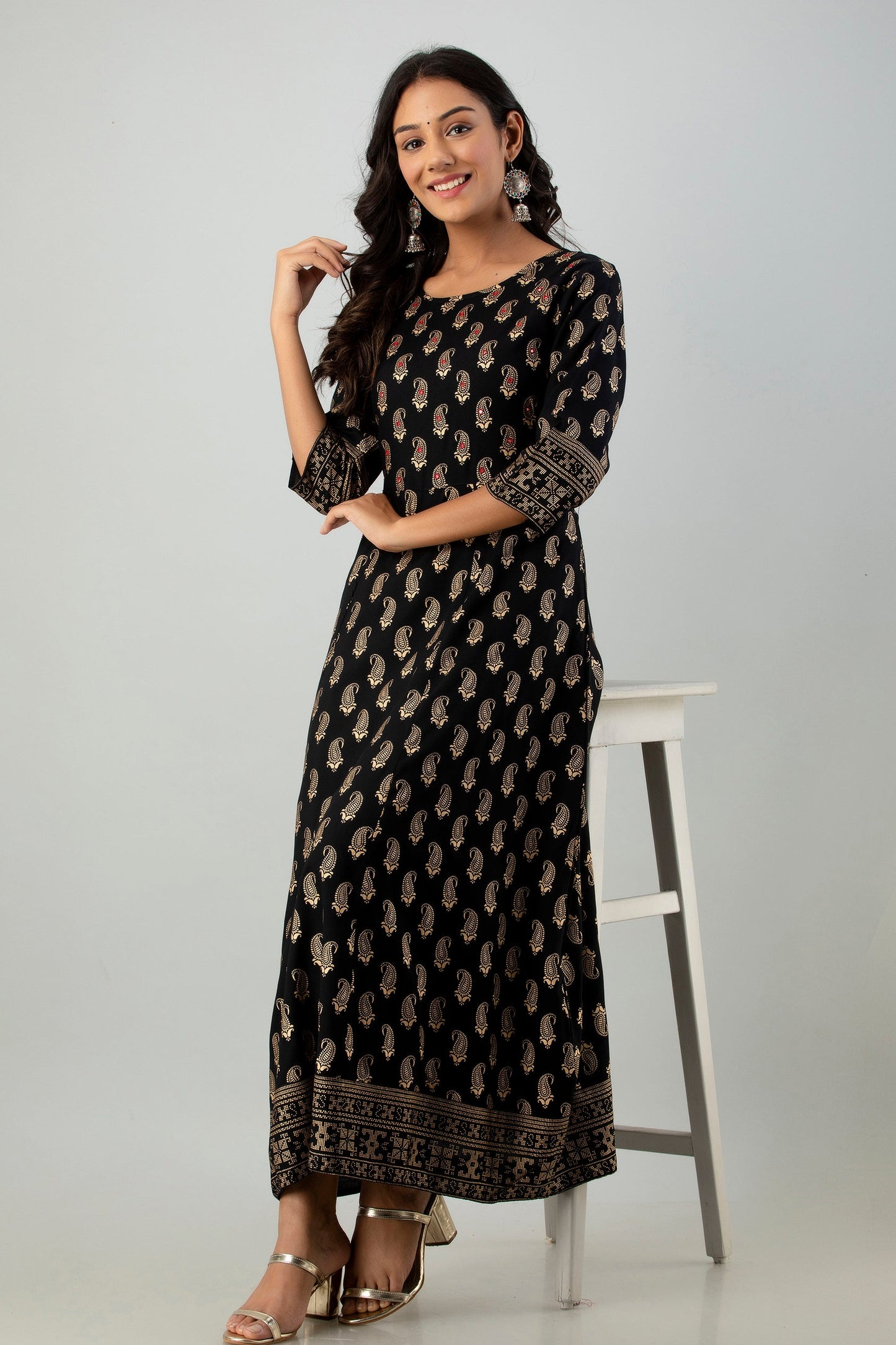 Black Rayon Printed Flared Dress