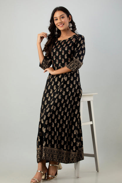 Black Rayon Printed Flared Dress