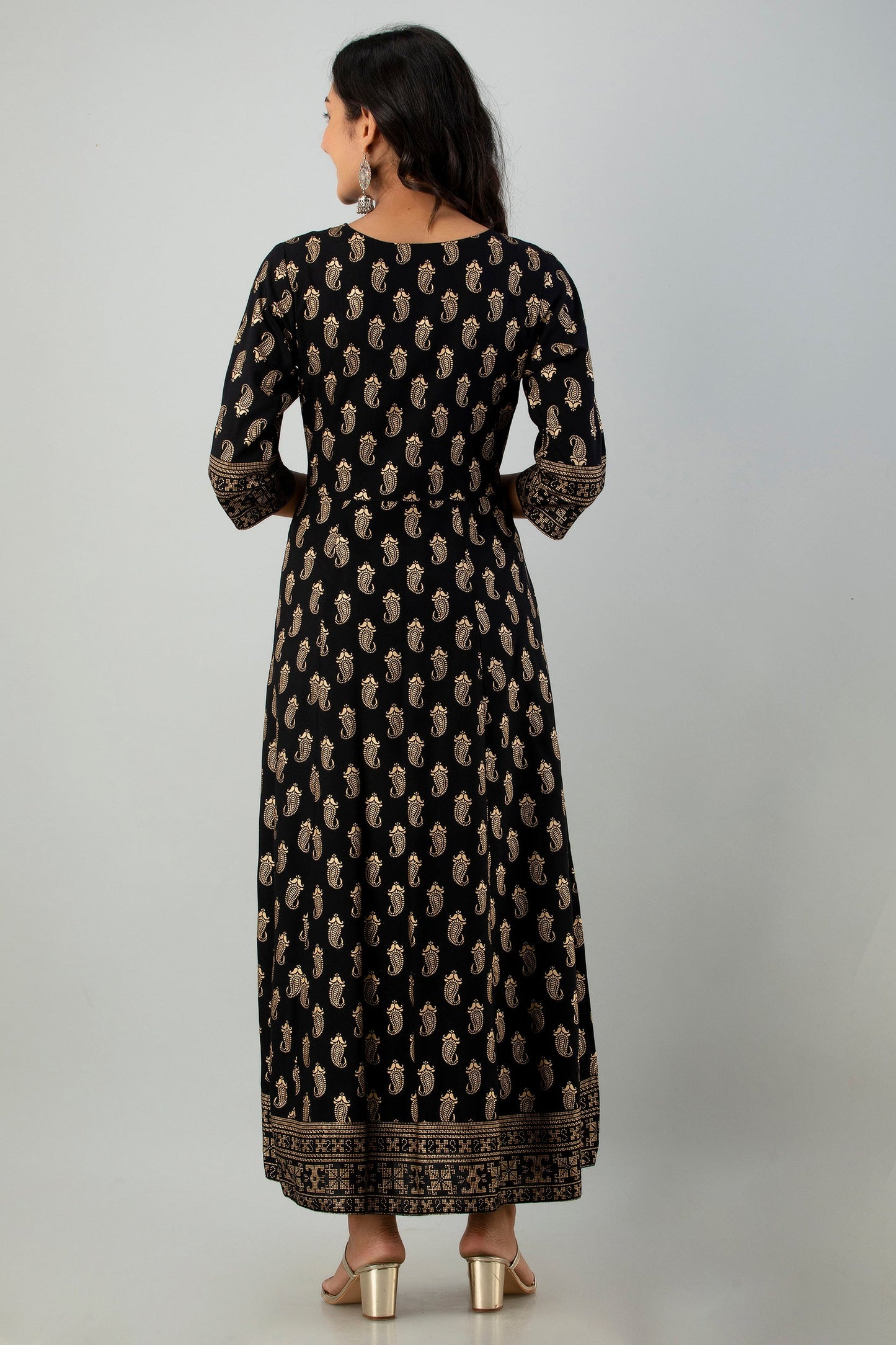 Black Rayon Printed Flared Dress