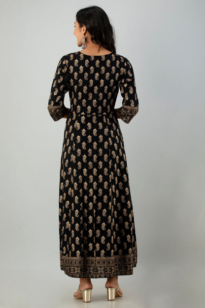 Black Rayon Printed Flared Dress