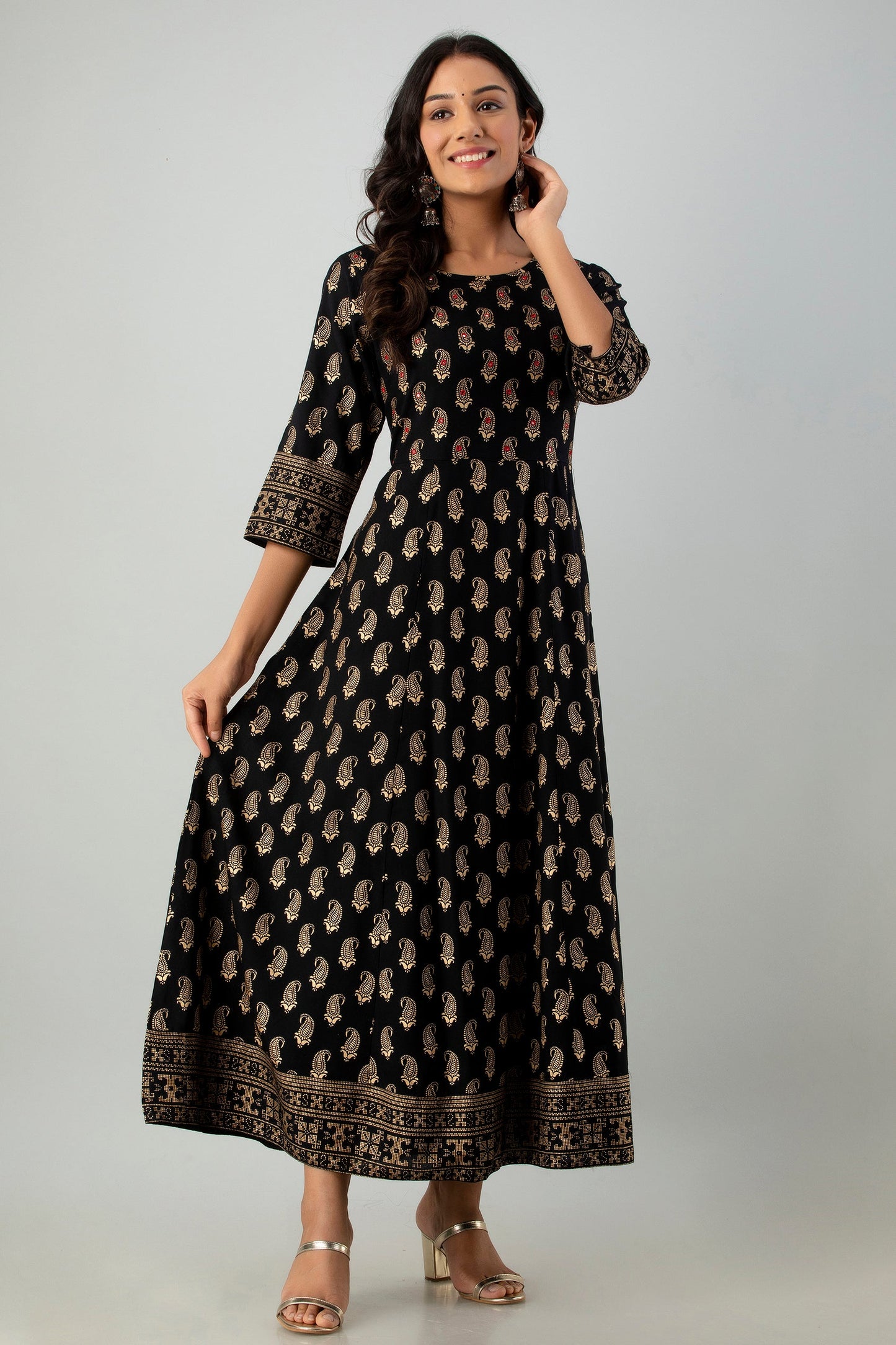 Black Rayon Printed Flared Dress