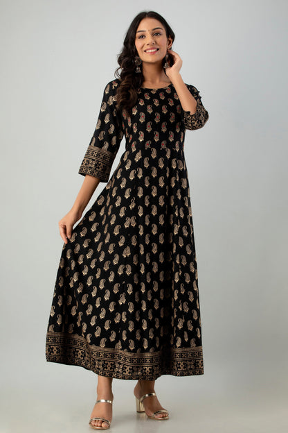 Black Rayon Printed Flared Dress