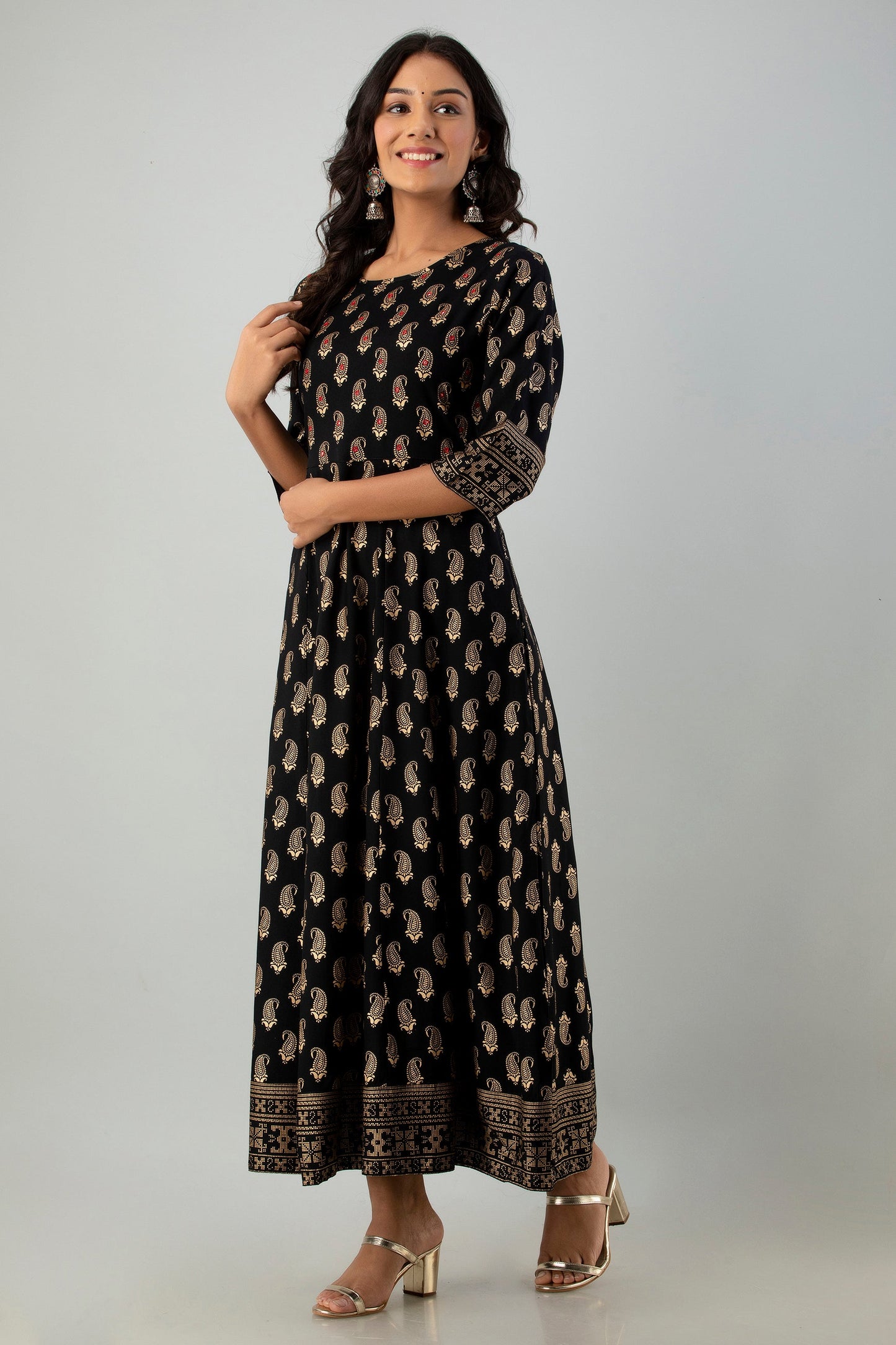 Black Rayon Printed Flared Dress