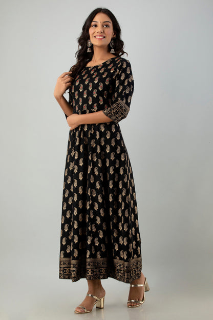 Black Rayon Printed Flared Dress