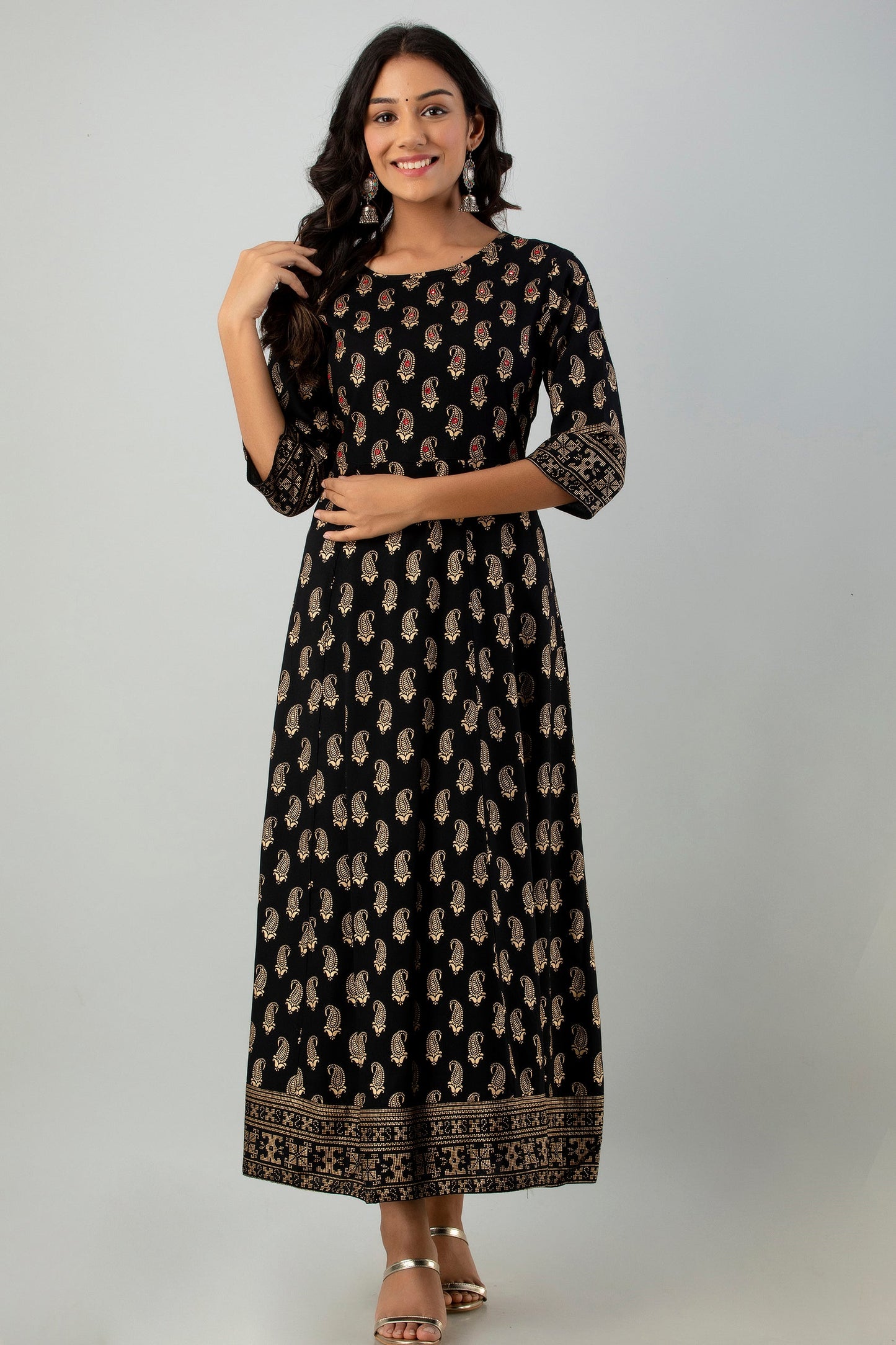 Black Rayon Printed Flared Dress