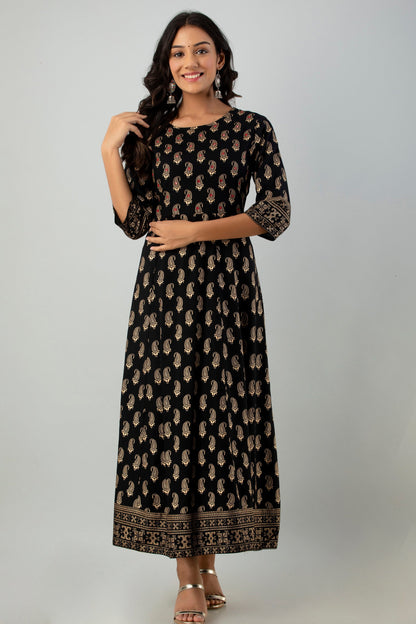Black Rayon Printed Flared Dress