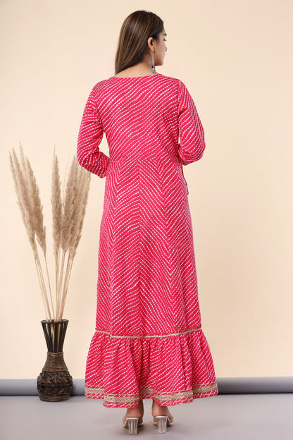 Fuchsia Printed Embroidered Mirror Work Cotton Flared Dress