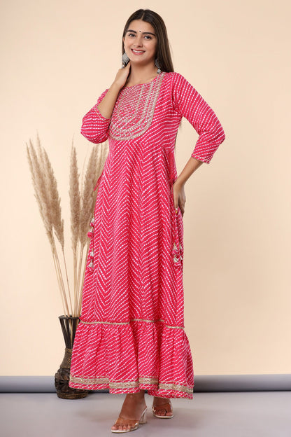 Fuchsia Printed Embroidered Mirror Work Cotton Flared Dress