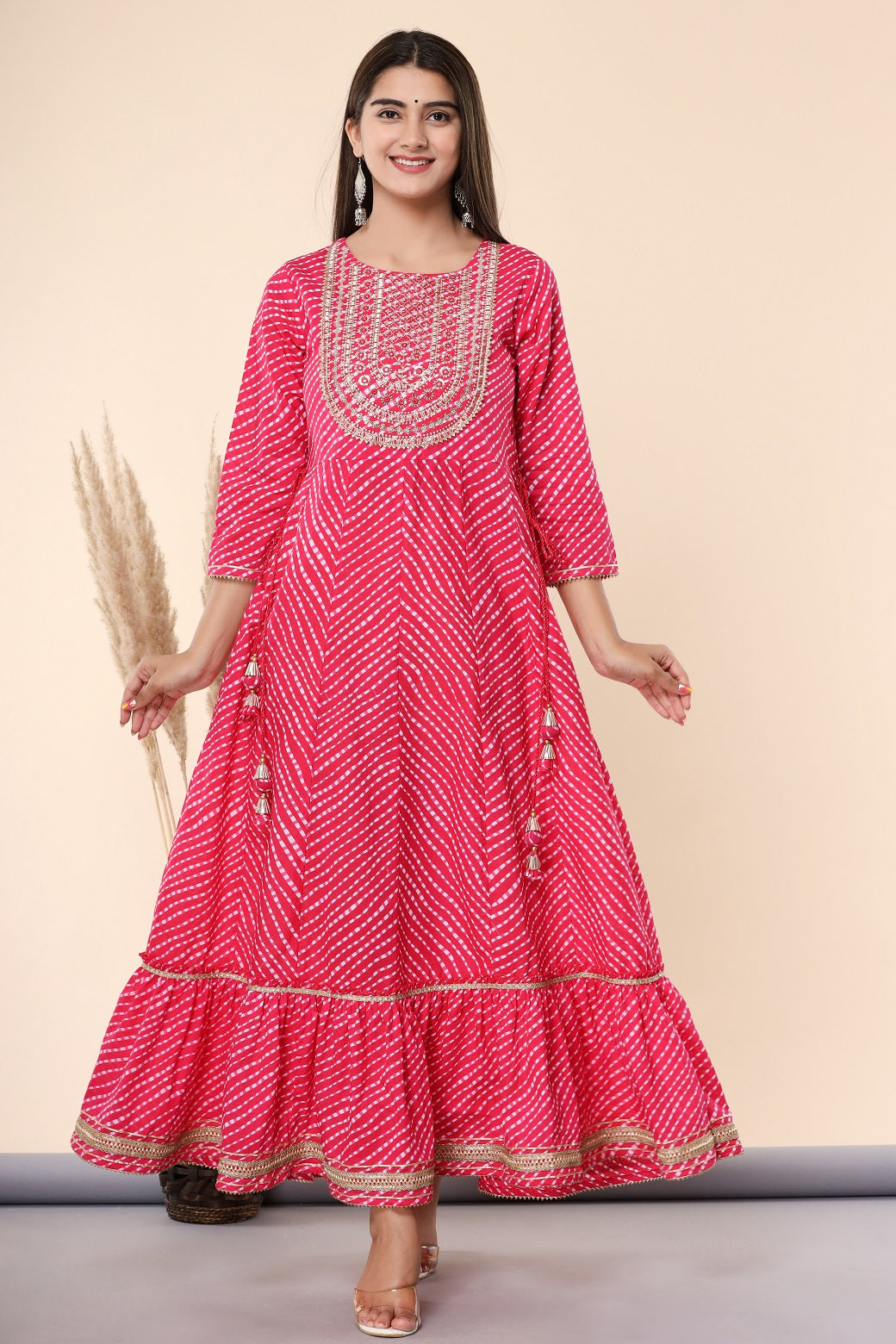 Fuchsia Printed Embroidered Mirror Work Cotton Flared Dress