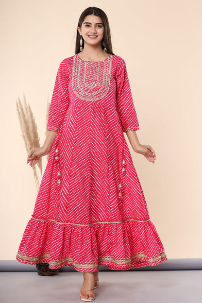 Fuchsia Printed Embroidered Mirror Work Cotton Flared Dress