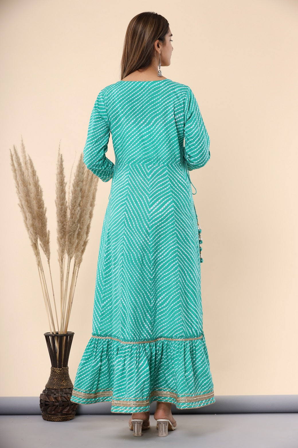 Green Printed Embroidered Mirror Work Sequin Cotton Flared Dress