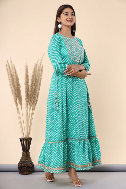 Green Printed Embroidered Mirror Work Sequin Cotton Flared Dress