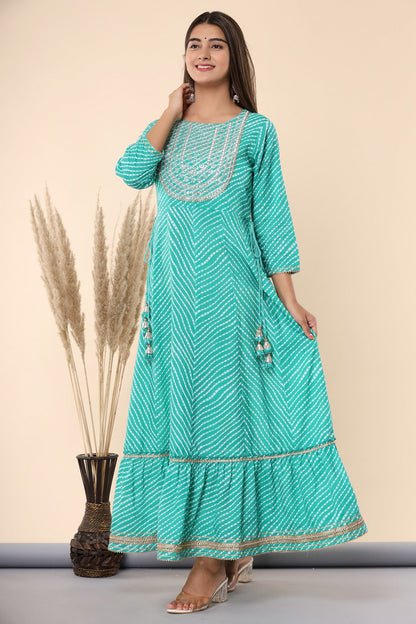 Green Printed Embroidered Mirror Work Sequin Cotton Flared Dress